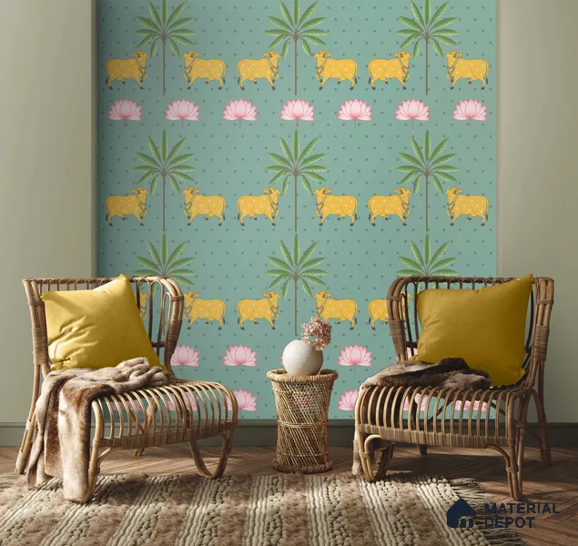 Indian Pichwai Green Wallpaper for Rooms, Customised Sukoon Series Canvas Patterned Design (Customised Size Wallpaper)