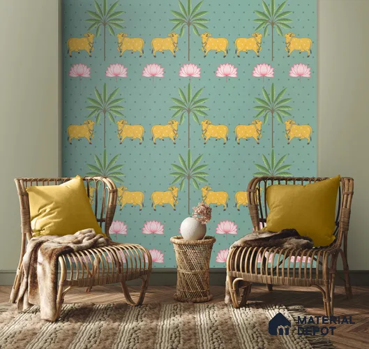 Indian Pichwai Green Wallpaper for Rooms, Customised Sukoon Series Handmade Patterned Design (Customised Size Wallpaper)