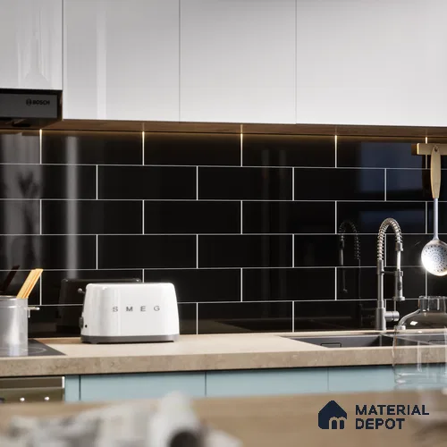 Subway Wall Tile TL 04967 G El Clasico Plain Slim Black 12 x 4 inch Ceramic Glossy Finish - 7.5 mm | Suitable for Highlighter Walls, Foyer, Bathroom, Kitchen Wall & Backsplashes