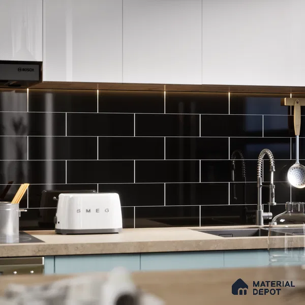 Subway Wall Tile TL 04967 G El Clasico Plain Slim Black 12 x 4 inch Ceramic Glossy Finish - 7.5 mm | Suitable for Highlighter Walls, Foyer, Bathroom, Kitchen Wall & Backsplashes (Sample)