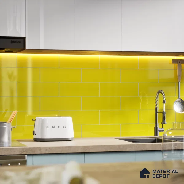 Subway Wall Tile TL 04967 I El Clasico Plain Mellow Yellow 12 x 4 inch Ceramic Glossy Finish - 7.5 mm | Suitable for Highlighter Walls, Foyer, Bathroom, Kitchen Wall & Backsplashes