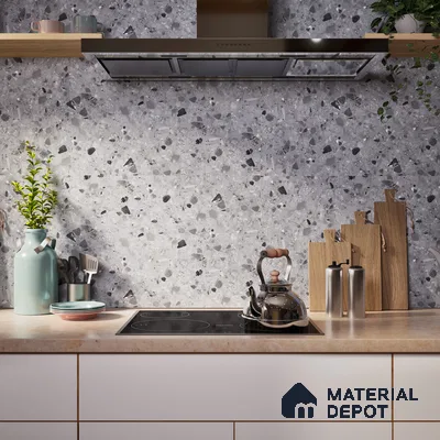 Terrazzo Floor & Wall Tile TL 06404 B Terazzo Grey 4 ft x 2 ft Carving Matte Finish Vitrified Tile - 9 mm | Suitable for Living Room, Bedroom & Bathroom (Sample)