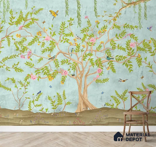 Jannat: Chinoiserie Floral Theme Wallpaper Sukoon Series Canvas Chinoserie Design (Customised Size Wallpaper)