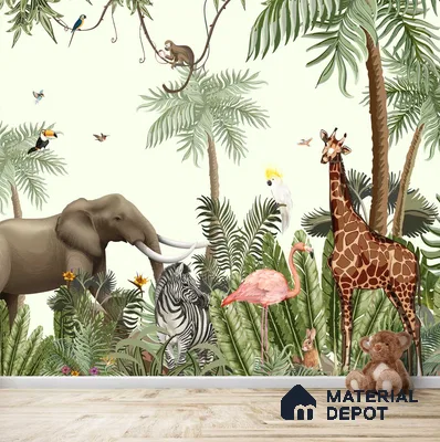 Jungle Theme Animals Wallpaper for Kids Room Walls, Customised Sparkla N Shine Series Soft Feel Entertainment Design (Customised Size Wallpaper)