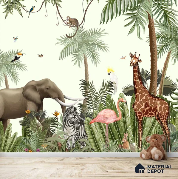 Jungle Theme Animals Wallpaper for Kids Room Walls, Customised Sparkla N Shine Series Soft Feel Entertainment Design (Customised Size Wallpaper)