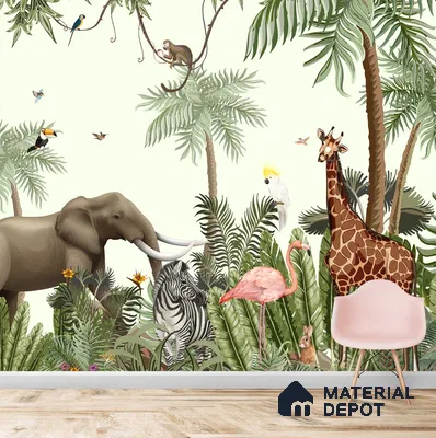Jungle Theme Animals Wallpaper for Kids Room Walls, Customised Sparkla N Shine Series Soft Feel Entertainment Design (Customised Size Wallpaper)