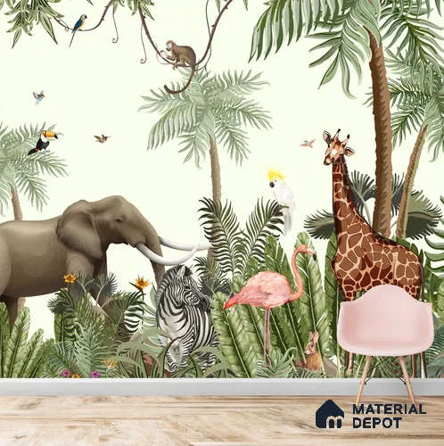 Jungle Theme Animals Wallpaper for Kids Room Walls, Customised Sparkla N Shine Series Soft Feel Entertainment Design (Customised Size Wallpaper)