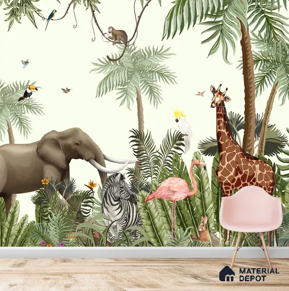 Jungle Theme Animals Wallpaper for Kids Room Walls, Customised Sparkla N Shine Series Soft Feel Entertainment Design (Customised Size Wallpaper)