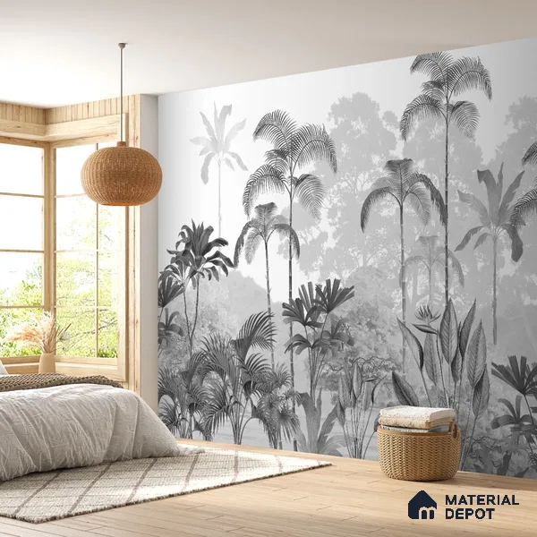 H901412 Kaira, Nature Theme Wallpaper for Rooms, Black & White, Customised Sukoon Series Canvas Nature Design (Customised Size Wallpaper)