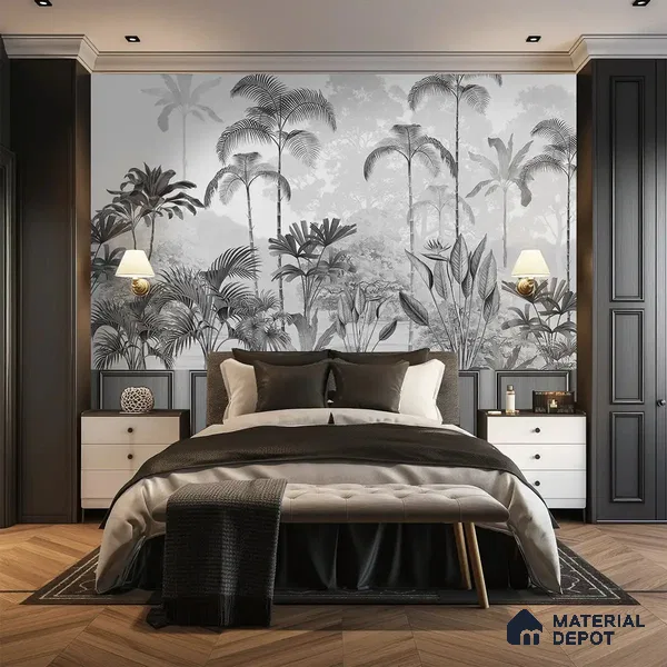 H901412 Kaira, Nature Theme Wallpaper for Rooms, Black & White, Customised Sukoon Series Canvas Nature Design (Customised Size Wallpaper)
