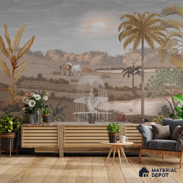Kasturi, Wallpaper in Sepia Vintage Theme Sukoon Series Handmade Patterned Design (Customised Size Wallpaper)