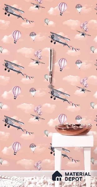 KD4012-3 | Blush Pink Airplane & Balloon Non Woven Kids Room Wallpaper - 10 Meter x 21 Inches, 57.41 Sq. Ft. (Min. 15% Wastage)