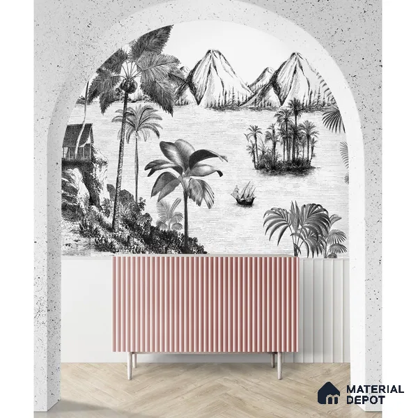 Khoob, Tropical Trees Black and White Wallpaper Sukoon Series Handmade Tropical Design (Customised Size Wallpaper)