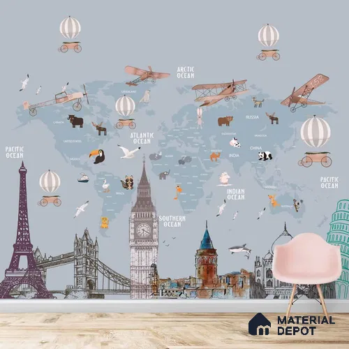 Kids World Map with Monuments, Customised Wallpaper Sparkla N Shine Series Canvas Entertainment Design (Customised Size Wallpaper)