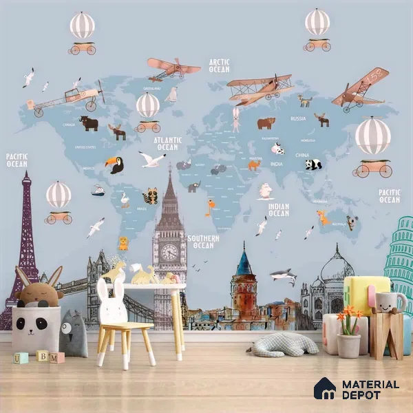 Kids World Map with Monuments, Customised Wallpaper Sparkla N Shine Series Handmade Entertainment Design (Customised Size Wallpaper)