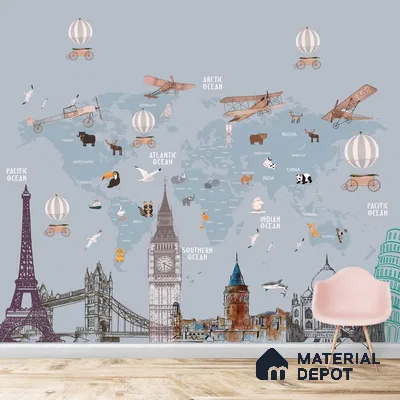 Kids World Map with Monuments, Customised Wallpaper Sparkla N Shine Series Handmade Entertainment Design (Customised Size Wallpaper)