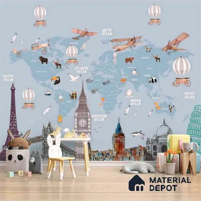 Kids World Map with Monuments, Customised Wallpaper Sparkla N Shine Series Soft Feel Entertainment Design (Customised Size Wallpaper)