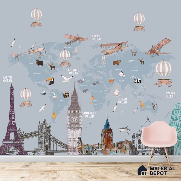 Kids World Map with Monuments, Customised Wallpaper Sparkla N Shine Series Soft Feel Entertainment Design (Customised Size Wallpaper)