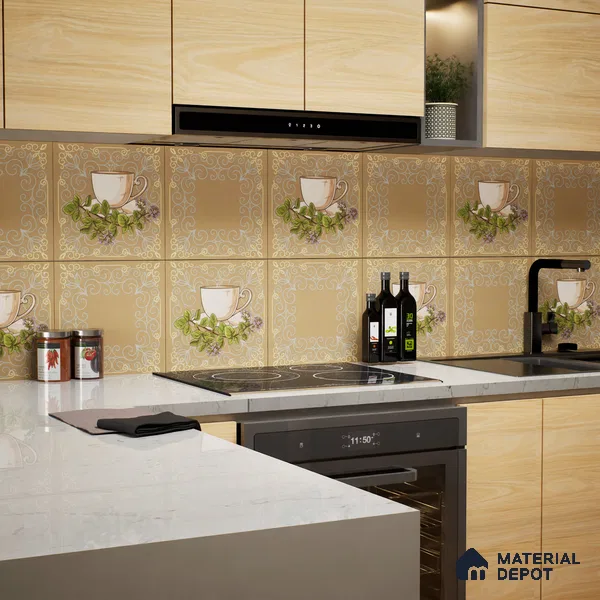 Kitchen Wall Tile TL 00210 B Highlighter 1 Tea Cup & Saucer 1 ft x 1 ft Matte Finish Ceramic Tile - 9 mm | Suitable For Kitchen Backsplash | Please Expect a Slight Variation of Pattern