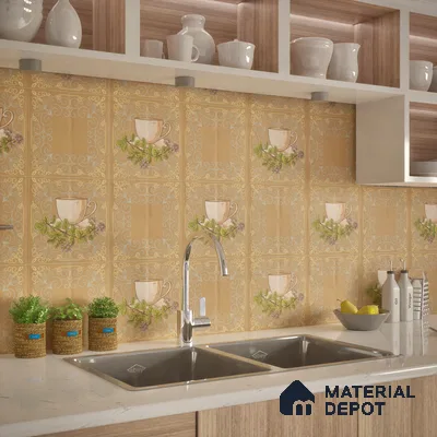 Kitchen Wall Tile TL 00210 B Highlighter 1 Tea Cup & Saucer 1 ft x 1 ft Matte Finish Ceramic Tile - 9 mm | Suitable For Kitchen Backsplash | Please Expect a Slight Variation of Pattern