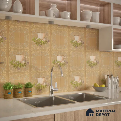 Kitchen Wall Tile TL 00210 B Highlighter 1 Tea Cup & Saucer 1 ft x 1 ft Matte Finish Ceramic Tile - 9 mm | Suitable For Kitchen Backsplash | Please Expect a Slight Variation of Pattern