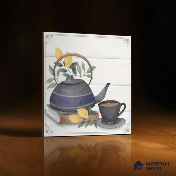 Kitchen Wall Tile TL 00209 B Highlighter 1 Kettle Tea Cup 1 ft x 1 ft Matte Finish Ceramic Tile - 9 mm | Suitable For Kitchen Backsplash | Please Expect a Slight Variation of Pattern