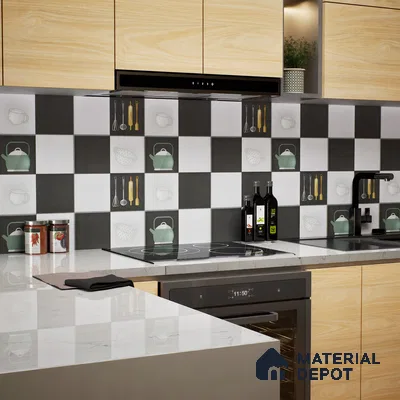 Kitchen Wall Tile TL 00211 B Highlighter 1 Kettle Tea Cup 1 ft x 1 ft Matte Finish Ceramic Tile - 9 mm | Suitable For Kitchen Backsplash | Please Expect a Slight Variation of Pattern