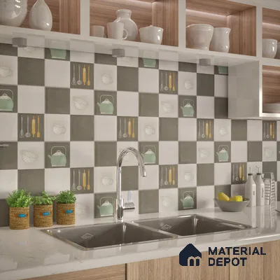 Kitchen Wall Tile TL 00211 B Highlighter 1 Kettle Tea Cup 1 ft x 1 ft Matte Finish Ceramic Tile - 9 mm | Suitable For Kitchen Backsplash | Please Expect a Slight Variation of Pattern