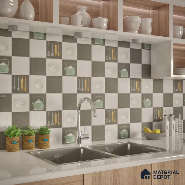 Kitchen Wall Tile TL 00211 B Highlighter 1 Kettle Tea Cup 1 ft x 1 ft Matte Finish Ceramic Tile - 9 mm | Suitable For Kitchen Backsplash | Please Expect a Slight Variation of Pattern