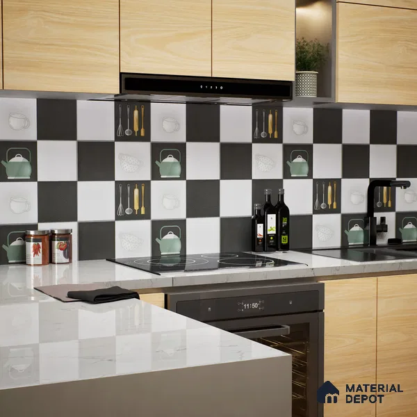 Kitchen Wall Tile TL 00211 A Light Black & White 1 ft x 1 ft Matte Finish Ceramic Tile - 9 mm | Suitable For Kitchen Backsplash | Please Expect a Slight Variation of Pattern