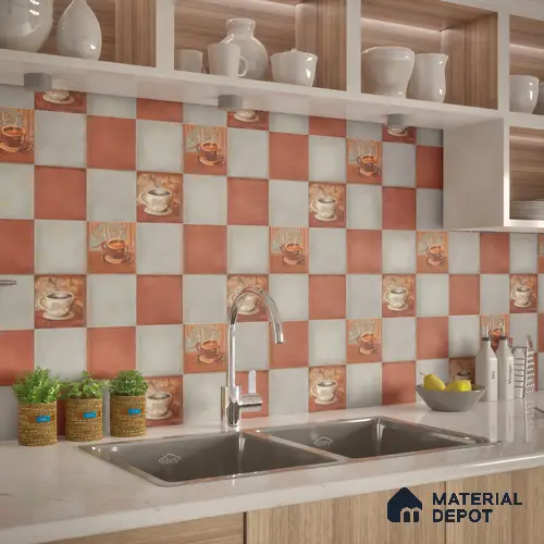 Kitchen Wall Tile TL 00212 B Highlighter 1 Cup & Saucer 1 ft x 1 ft Matte Finish Ceramic Tile - 9 mm | Suitable For Kitchen Backsplash | Please Expect a Slight Variation of Pattern