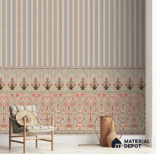 H903112 Kusum: Indian Floral Jharokha and Stripes Design Wallpaper Sukoon Series Canvas Florals Design (Customised Size Wallpaper)