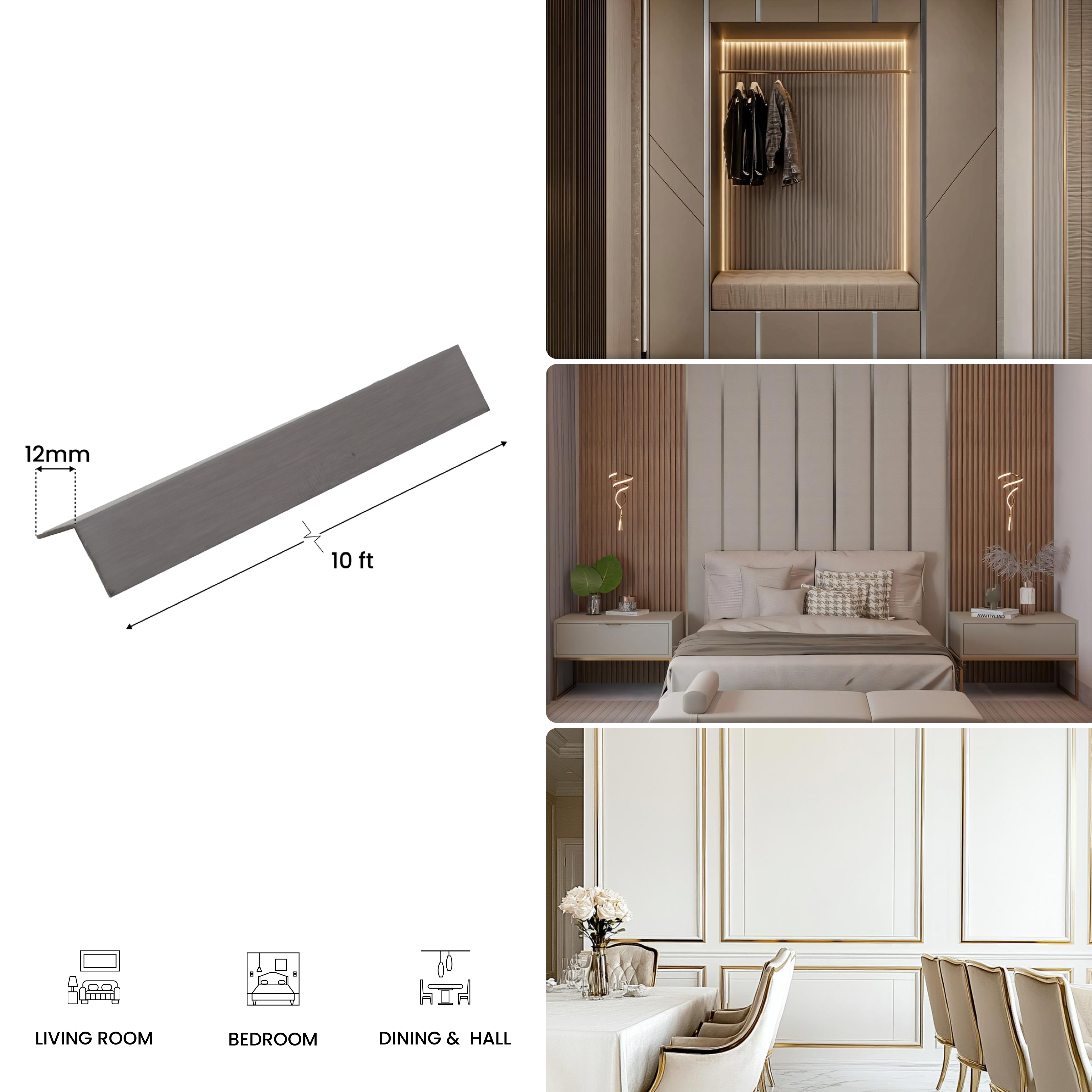 SS 304 L Profile Stainless Steel Matte Finish Edgeline PM 00290 G | 10 ft (2.96 mtr) x 12 mm x 0.8 mm | Suitable for Corner Applications | Adhesive Type Installation | Suitable for Floor & Walls