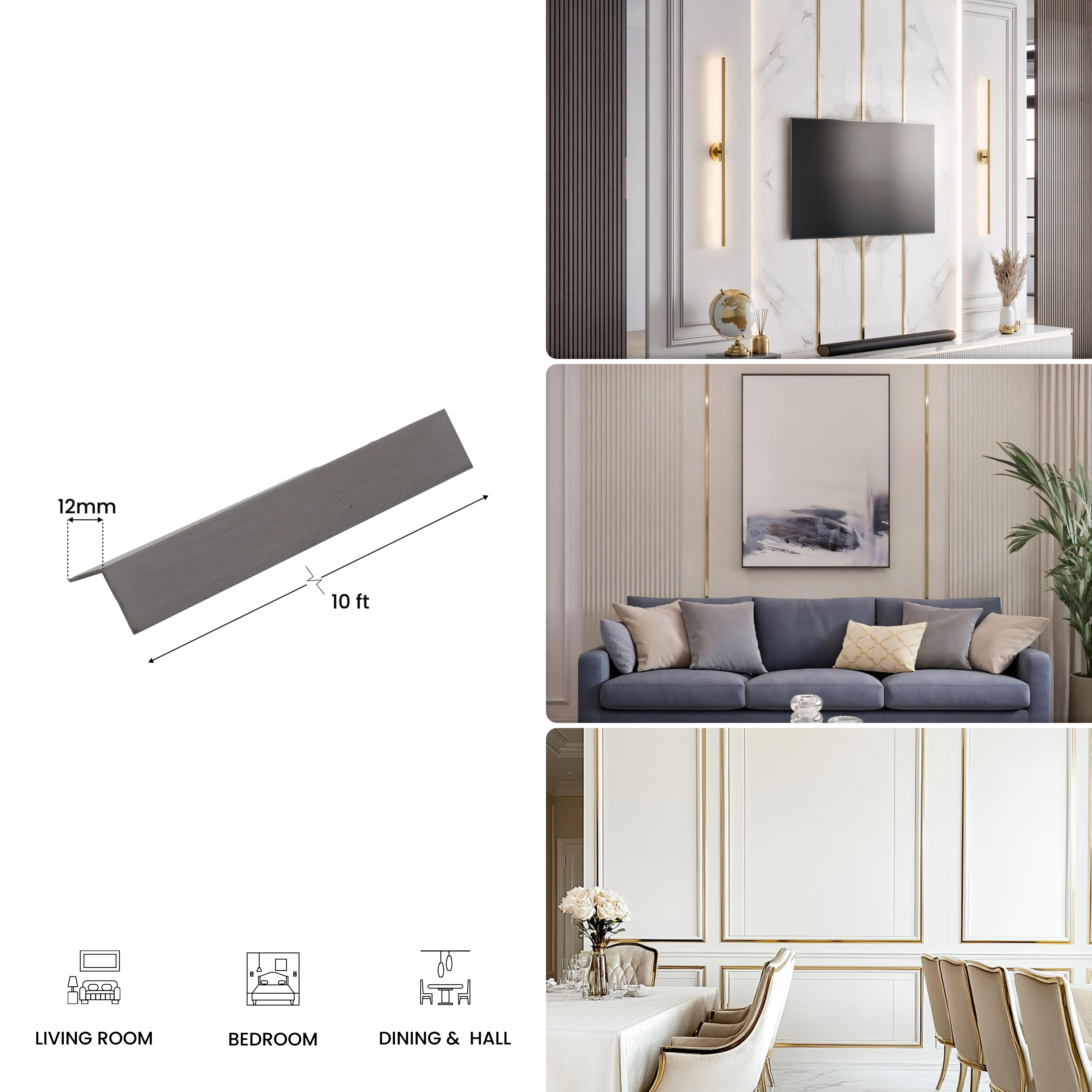 SS 304 L Profile Chrome Plated SS Glossy Finish Edgeline PM 00290 H | 10 ft (2.96 mtr) x 12 mm x 0.8 mm | Suitable for Corner Applications | Adhesive Type Installation | Suitable for Floor & Walls