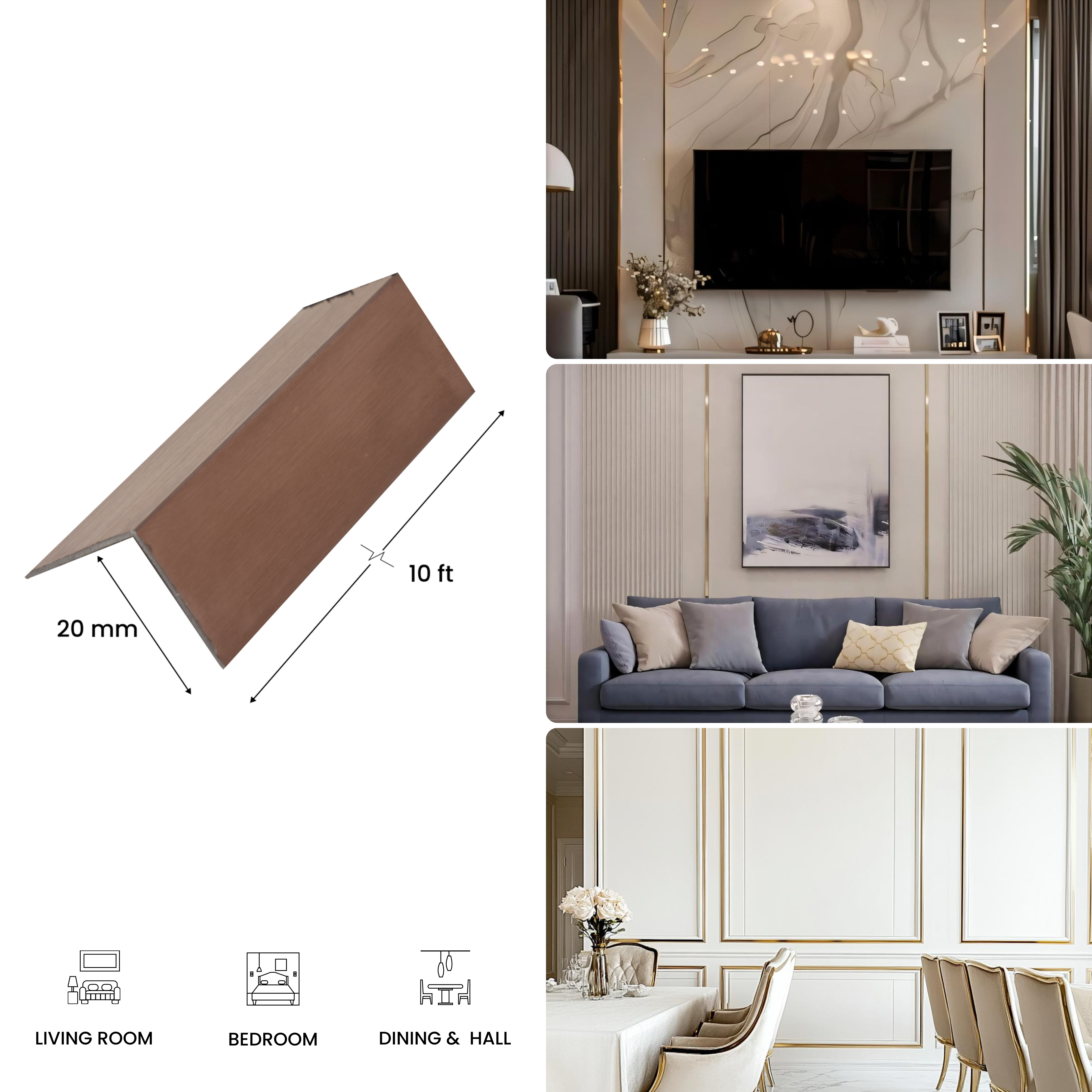 SS 304 L Profile Brush Rose Gold Matte Finish Edgeline PM 00290 J | 10 ft (2.96 mtr) x 20 mm x 0.8 mm | Suitable for Corner Applications | Adhesive Type Installation | Suitable for Floor & Walls