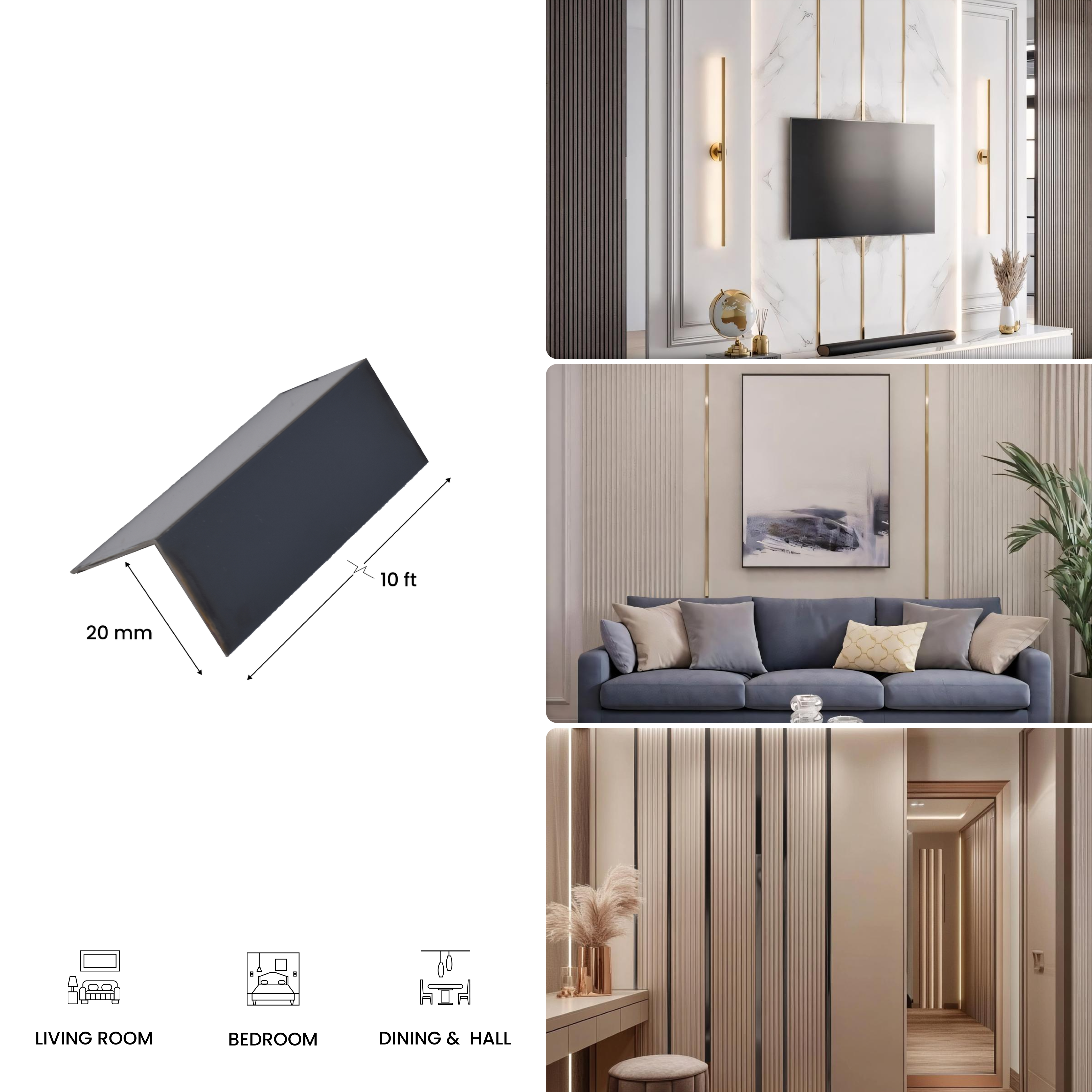 SS 304 L Profile Polish Black Glossy Finish Edgeline PM 00290 M | 10 ft (2.96 mtr) x 20 mm x 0.8 mm | Suitable for Corner Applications | Adhesive Type Installation | Suitable for Floor & Walls