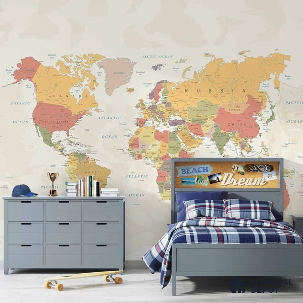 Large World Map Wallpaper, Pastel Shades, Customised Sparkla N Shine Series Canvas Map Design (Customised Size Wallpaper)