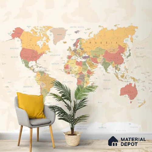 Large World Map Wallpaper, Pastel Shades, Customised Sparkla N Shine Series Handmade Map Design (Customised Size Wallpaper)