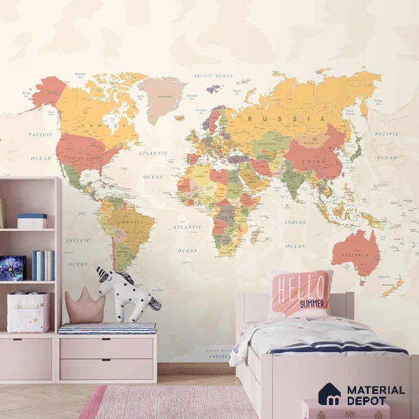 Large World Map Wallpaper, Pastel Shades, Customised Sparkla N Shine Series Handmade Map Design (Customised Size Wallpaper)