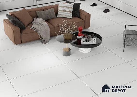 Modern Living Room with Large-Format White Textured Tiles | Material Depot