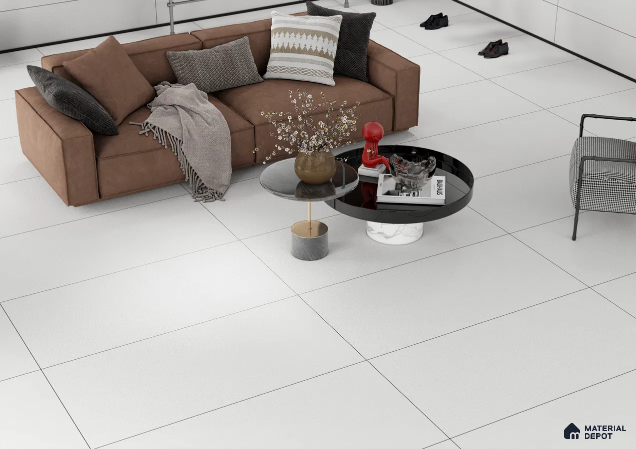 Modern Living Room with Large-Format White Textured Tiles | Material Depot