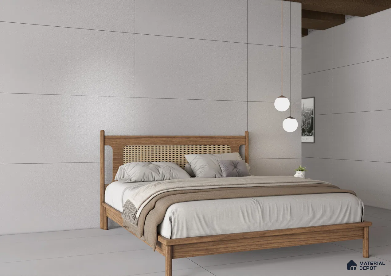 Minimalist Bedroom with Large-Format White Textured Tiles | Material Depot