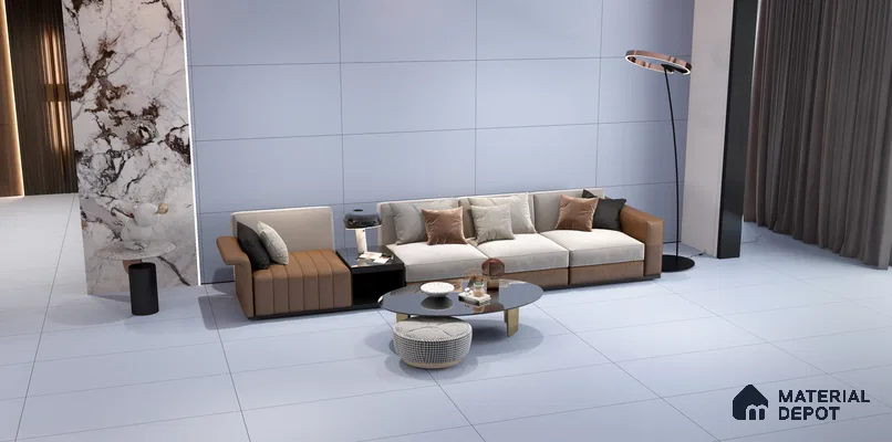 Modern Living Room with Large-Format White Textured Tiles | Material Depot