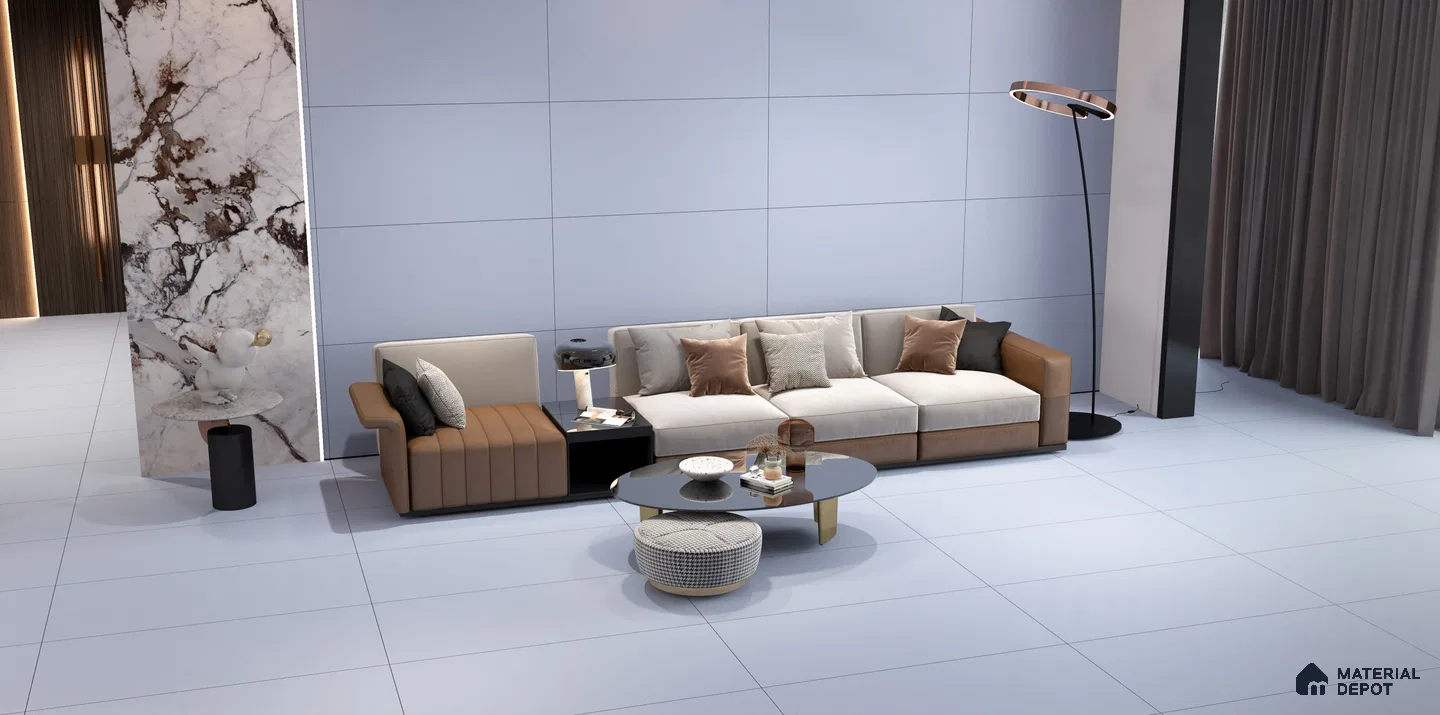 Modern Living Room with Large-Format White Textured Tiles | Material Depot
