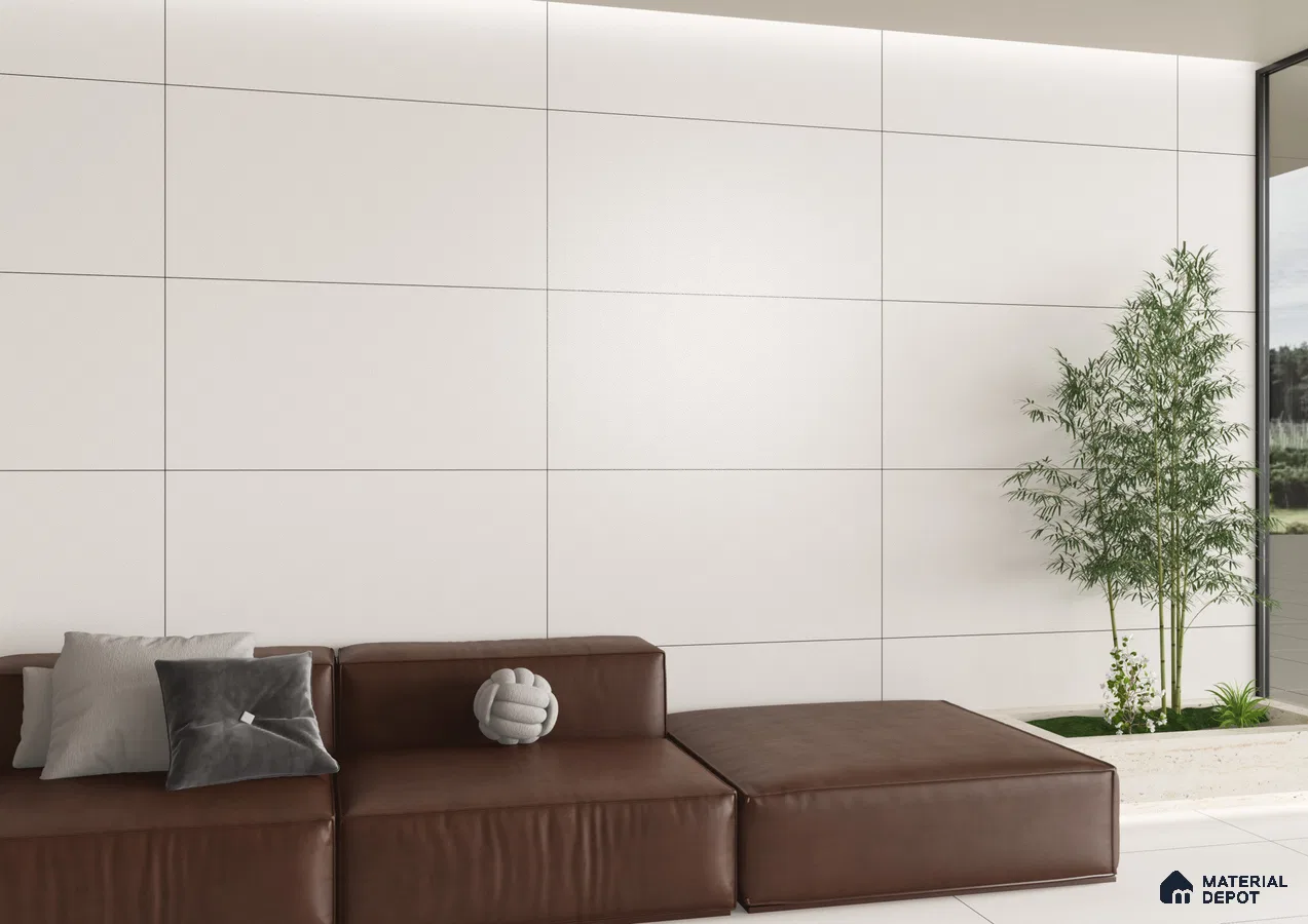 Minimalist Living Room with White Tiles | Material Depot