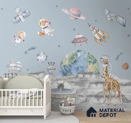 Lets go on a moon walk, Cute kids room wallpaper, Blue Sparkla N Shine Series Canvas Entertainment Design (Customised Size Wallpaper)