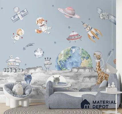 Lets go on a moon walk, Cute kids room wallpaper, Blue Sparkla N Shine Series Canvas Entertainment Design (Customised Size Wallpaper)