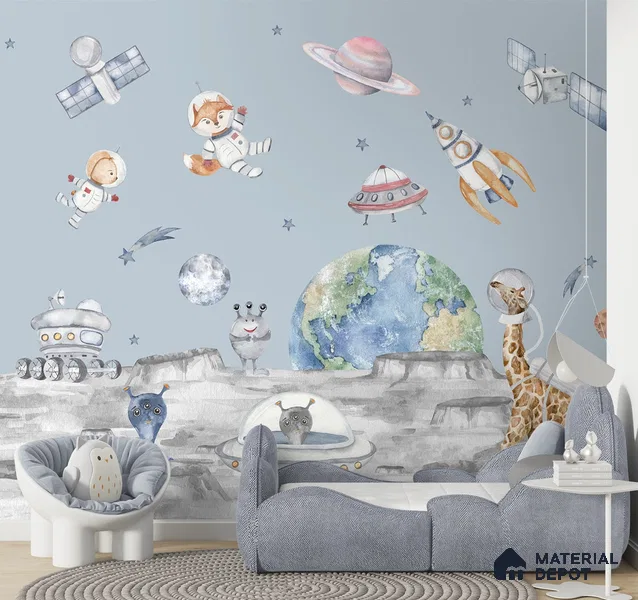 Lets go on a moon walk, Cute kids room wallpaper, Blue Sparkla N Shine Series Canvas Entertainment Design (Customised Size Wallpaper)