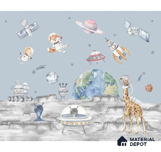 Lets go on a moon walk, Cute kids room wallpaper, Blue Sparkla N Shine Series Canvas Entertainment Design (Customised Size Wallpaper)