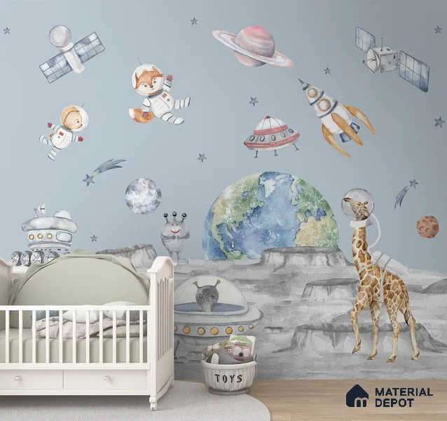 Lets go on a moon walk, Cute kids room wallpaper, Blue Sparkla N Shine Series Soft Feel Entertainment Design (Customised Size Wallpaper)
